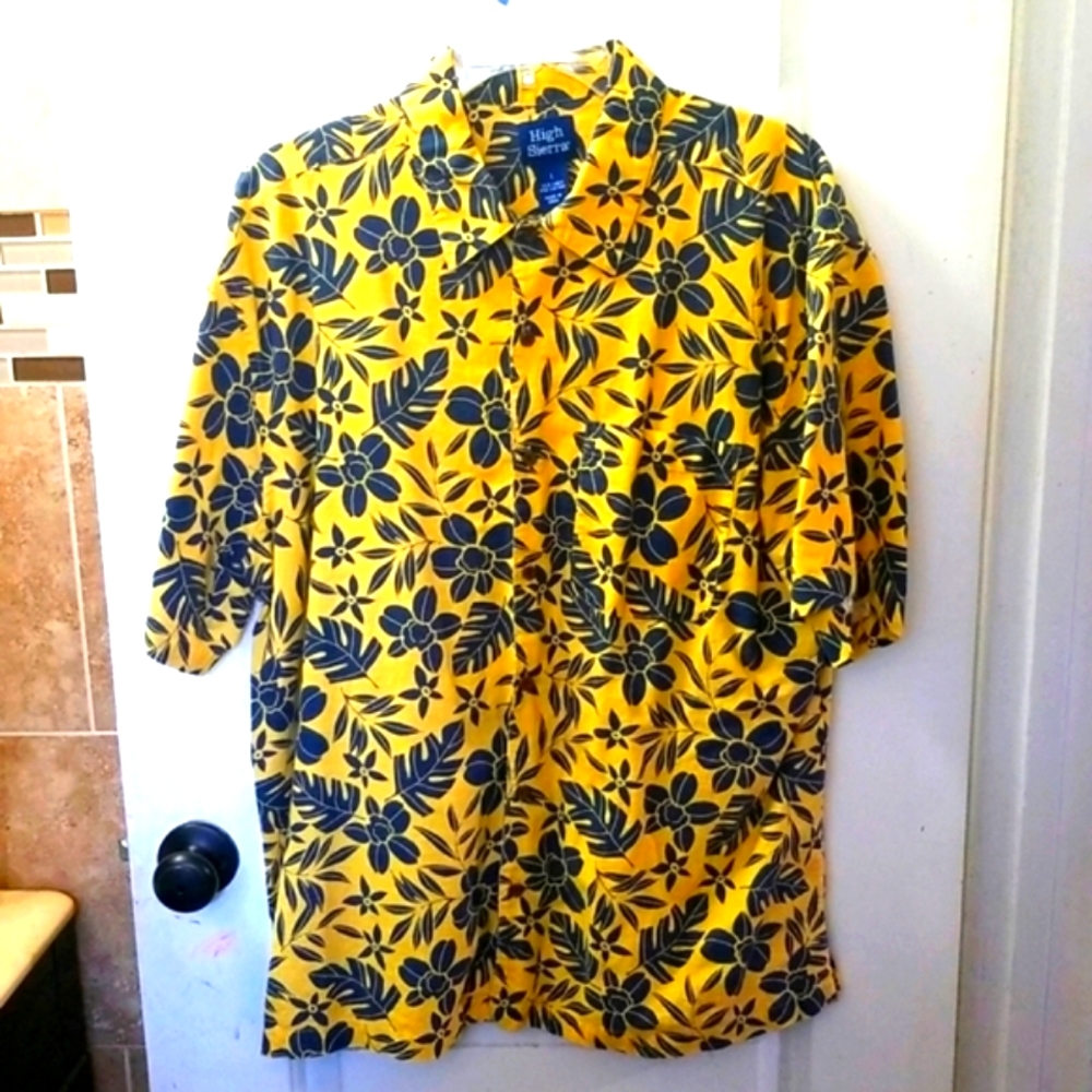 High Sierra - Button down shirt, Size  - L, Color - Yellow W/blue floral/leaf